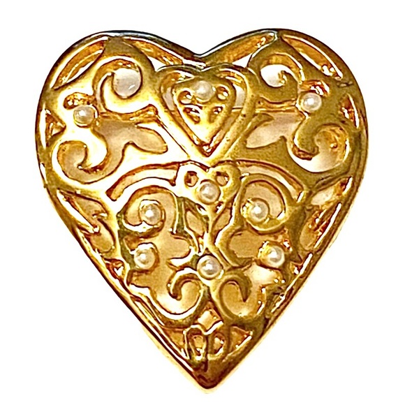 Vintage Heart Pearl Brooch Gold Signed SFJ STEINMETZ - Picture 1 of 3